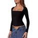 Women's Square Collar Shirt Autumn Top Long Sleeve T-Shirt Slim Pullover Milk Silk T-Shirt_ecoleips.com