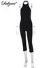 Dulzura Women'S Halter Sleeveless Backless Ribbed Single Breasted Jumpsuit Solid Sexy Casual Romper Party Club Street Clothes_ecoleips.com