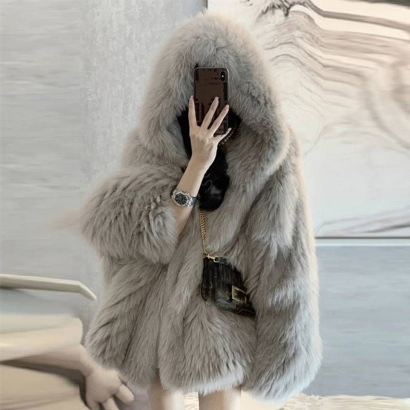 Women’s Fox Fur Hooded Coat – Trendy Faux Fur Jacket | Longline Winter Outerwear With Plush Collar_ecoleips.com