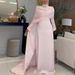 Elegant Pleated Evening Gown With Train - Long Sleeve High Neck Formal Dress For Weddings & Parties - Pink_ecoleips.com