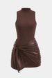 Women's Solid Color Sleeveless Mini Dress Front Tie PU Decoration Faux Two Piece_ecoleips.com