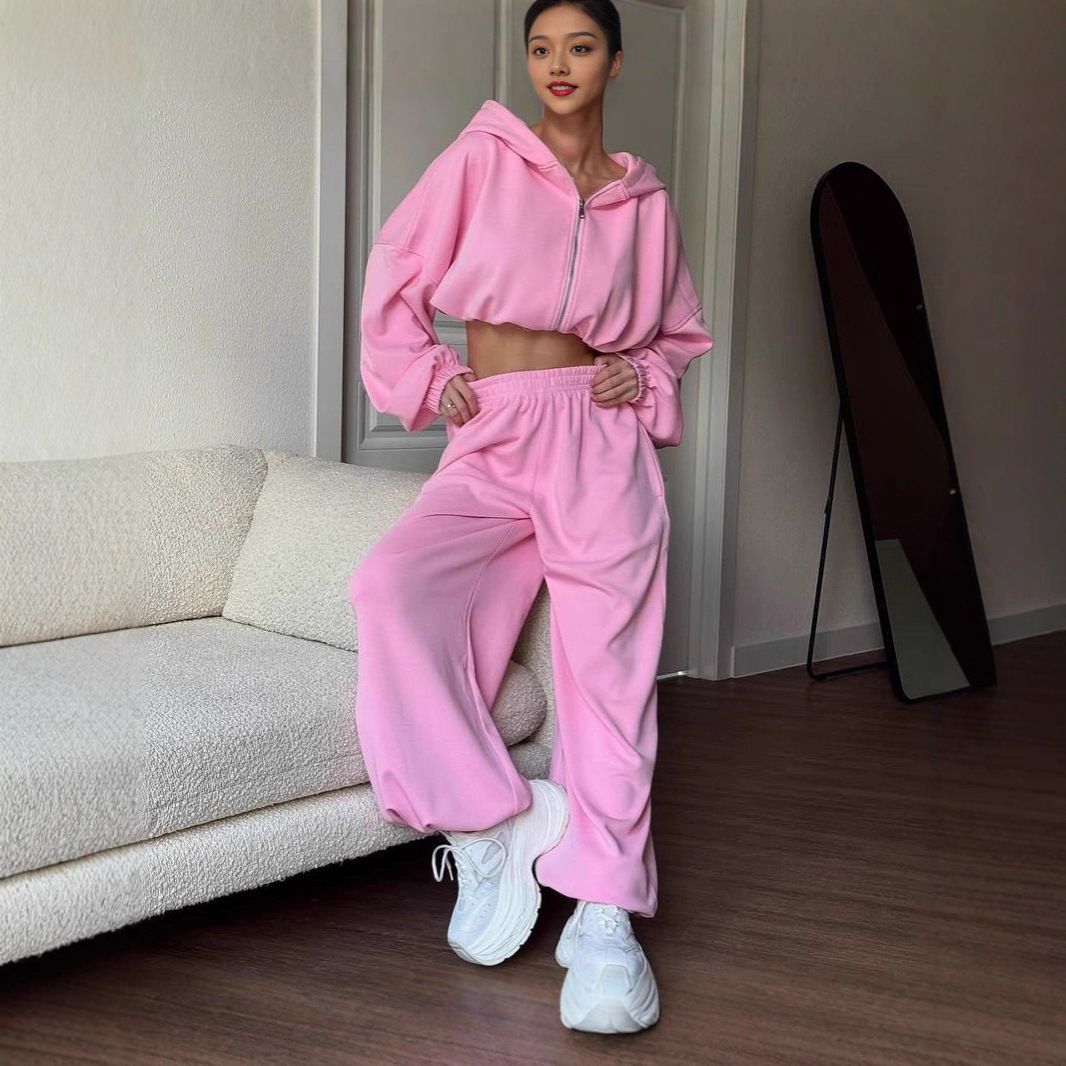 Women's Cropped Hoodie Jogger Pants Set Oversized Pullover Drawstring Waist Zip-Up Detail Casual Loungewear Two-Piece Multiple Colors_ecoleips.com