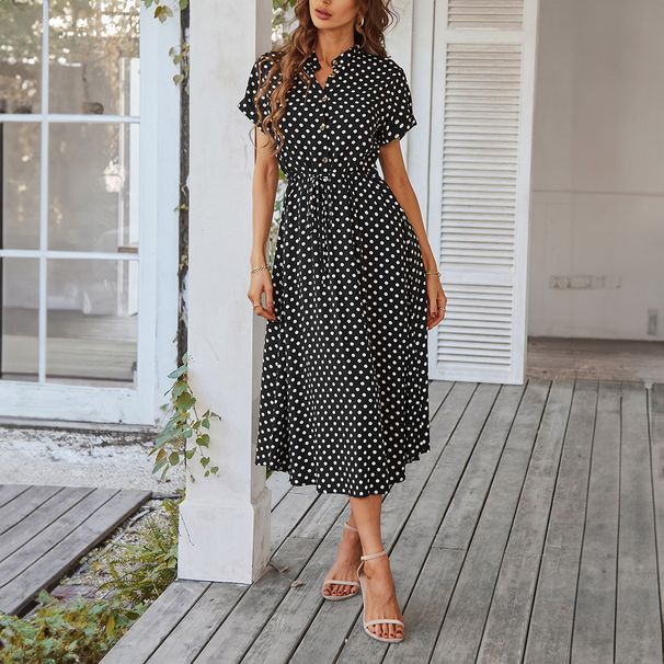Women Stylish Polka Dot Printed High Waist Waist‑Tie Dress Dating Vacation Casual Outfit_ecoleips.com