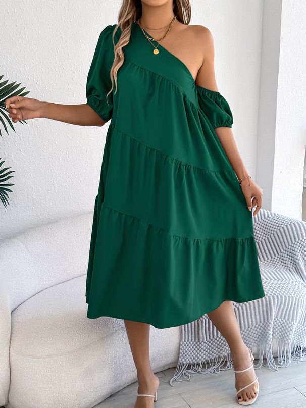 2026 Spring/Summer European And American Off-Shoulder Short-Sleeve Casual Loose Ruffle Hem Long Dress_ecoleips.com