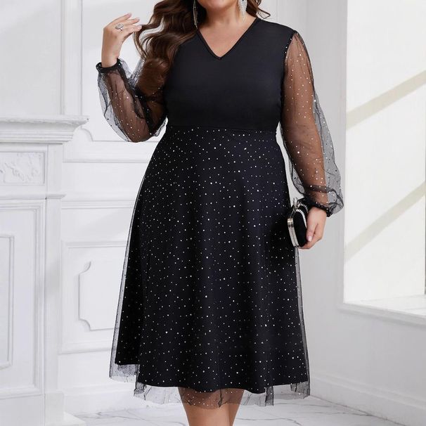 Plus Size Sparkle Mesh V-Neck Party Dress – Elegant Long Sleeve Bodycon Gown With Sheer Dot Panels – Stretchy Polyester-Spandex Blend (Sizes 1XL-5XL)_ecoleips.com