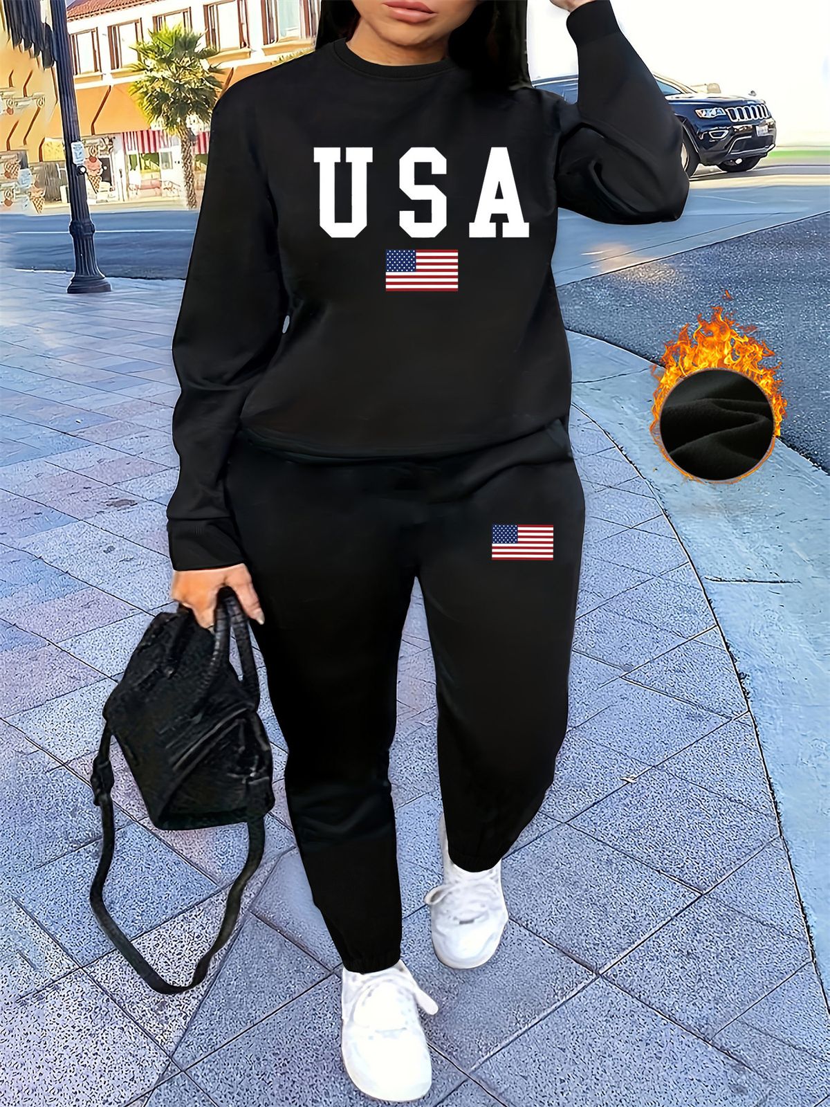 Women's Autumn/Winter Hip Hop Casual Street American Flag Pattern Printed Round Neck Sweatshirt+Sweatpants Set-491_ecoleips.com
