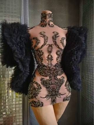 Black Rhinestone Encrusted Bodycon Mini Skirt See Through Performance Outfit For Women Car Show Model Catwalk Host Party Dress Sexy_ecoleips.com