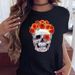European And American Cross-border Foreign Trade Women's Floral Skull Print Round-neck Short-sleeve T-shirt Top_ecoleips.com