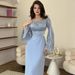 Women's Solid Color Pleated Silk Bodycon Dress Square Neck Flared Sleeves Patchwork Cross Border Sweet Style Clothing_ecoleips.com