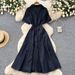 Retro Denim Style Collared Short Sleeved A-Line Dress Women's Slimming Elegant Korean Style for Early Spring Commuting_ecoleips.com