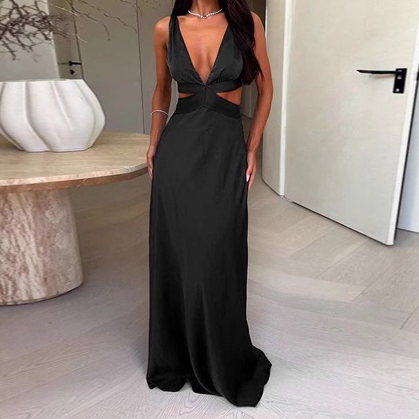 Women's Sexy Deep V Sleeveless Backless Lace Up Hollow Out Solid Color Maxi Dress – Elegant Party Gown_ecoleips.com