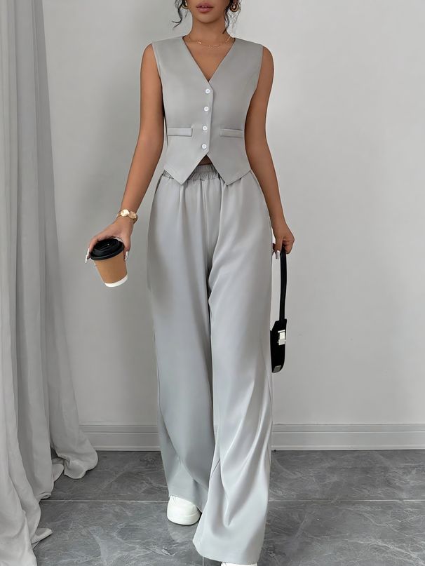 Cross-border European American Women's Fashion 2025 Spring/Summer Elegant Buttoned Sleeveless Vest And Pants Set_ecoleips.com