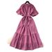 Women's Clothing Stand Up Collar Lantern Sleeves Tie Waist Dress For Women Slim Temperament Shiny Ruffled Long Skirt_ecoleips.com