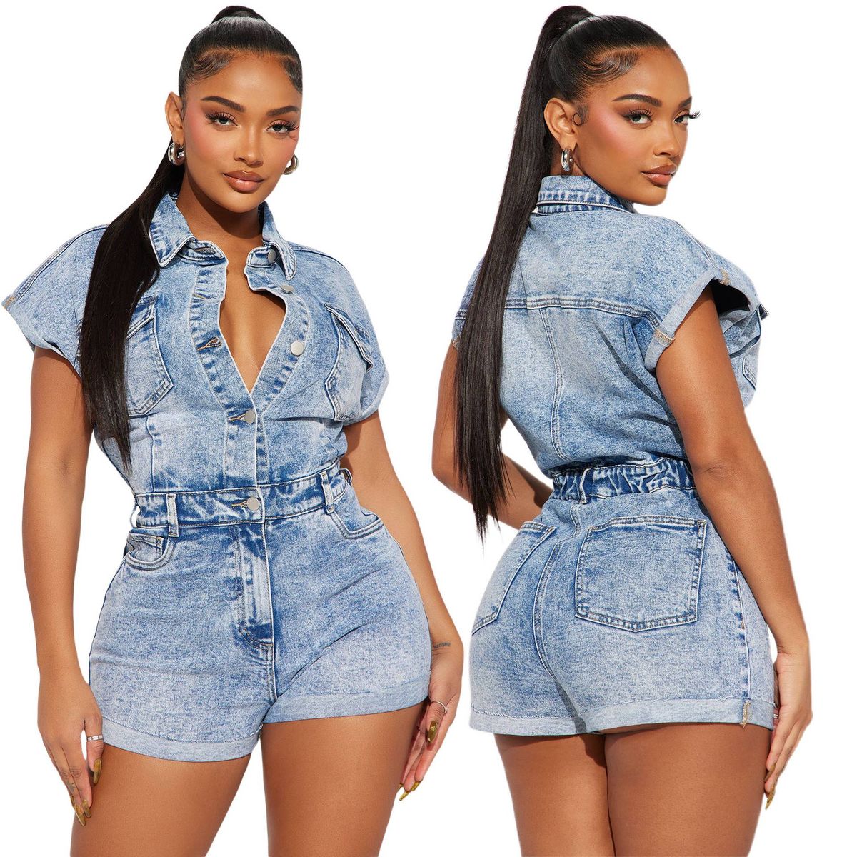 Women's Clothing High Elastic Short Sleeve Slimming Washed Denim Jumpsuit_ecoleips.com
