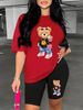 Summer Lady Casual Fashion Bear Cartoon Print Loose T-Shirt Shorts Two-Piece Sportswear Set For Daily Wear-151_ecoleips.com