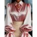 Elegant Women's Satin Shirt Long Sleeved Collared Puff Sleeve Solid Color_ecoleips.com