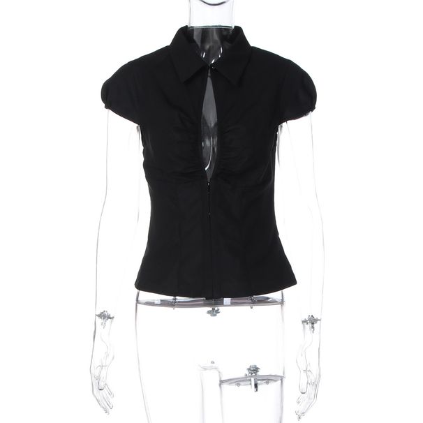 2025 Autumn Winter New Fashion Hot Girl Cardigan Buttoned Turn-down Collar Short Sleeve T-shirt Tops Wholesale_ecoleips.com