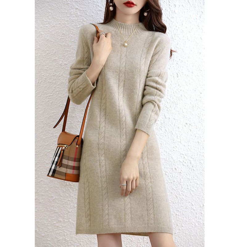 Aria Basics Aria Basics Women's Mid-length, Semi-high Collar, Thick Knitted Cashmere Sweater Dress, Elegant Slim-fitting, European And American_ecoleips.com