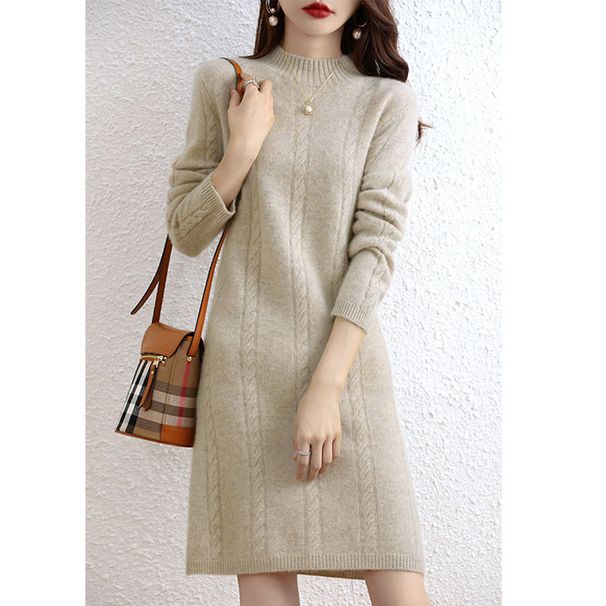 Aria Basics Aria Basics Women's Mid-length, Semi-high Collar, Thick Knitted Cashmere Sweater Dress, Elegant Slim-fitting, European And American_ecoleips.com