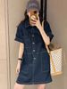 plus Size Women's Summer New Denim Dress Belly Cover Slimming Design Shirt Dress High Waist A-Line Korean Style Short Sleeve_ecoleips.com