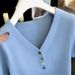 Women's Summer Thin T-Shirt Colorful Buttons Ice Silk V Neck Short Sleeve Knitwear Loose Fit Tummy Covering Youthful_ecoleips.com