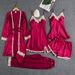 Women's Clothing ladies' pajamas bra pads Gold five piece set simulated silk dress sexy suspender skirt long sleeved nightgown home clothes_ecoleips.com