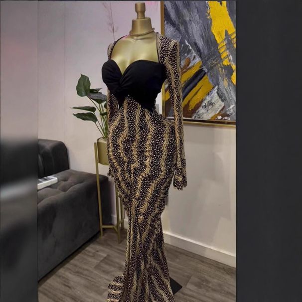 Women's Strapless Maxi Dress European American Style Printed Long Sleeved Pleated Fishtail Design for Parties And Cocktail Events_ecoleips.com