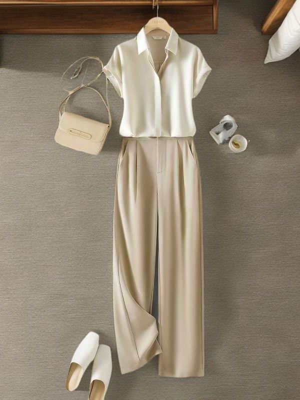 Women's Clothing Satin Shirt Casual Pants Two Piece Suit For Women Summer New Temperament Small Shirt Straight Pants Suit For Women_ecoleips.com