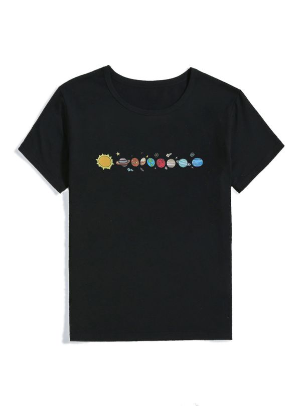 Women's Casual Black T-Shirt Simple round Neck Short Sleeve Cotton Polyester Top with Planet Print European American Fast Fashion_ecoleips.com