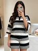 Women's Color Blocked Striped Polo Collar Short Sleeve T-Shirt And Shorts Set Casual Spring/Summer Hot Sale_ecoleips.com