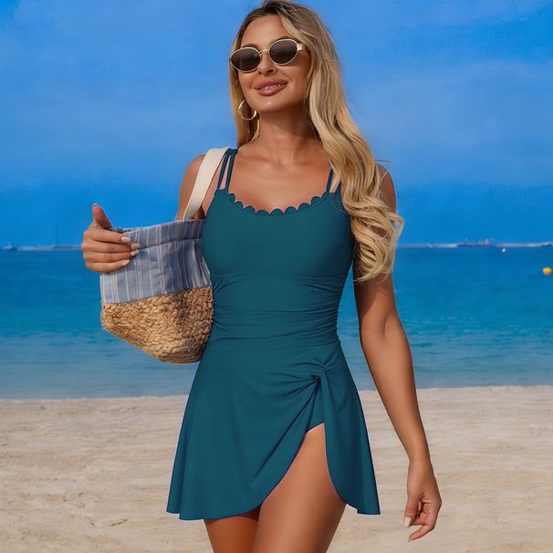Women's European American Style One Piece Swimsuit Sporty Conservative Solid Color Bikini Swimwear_ecoleips.com