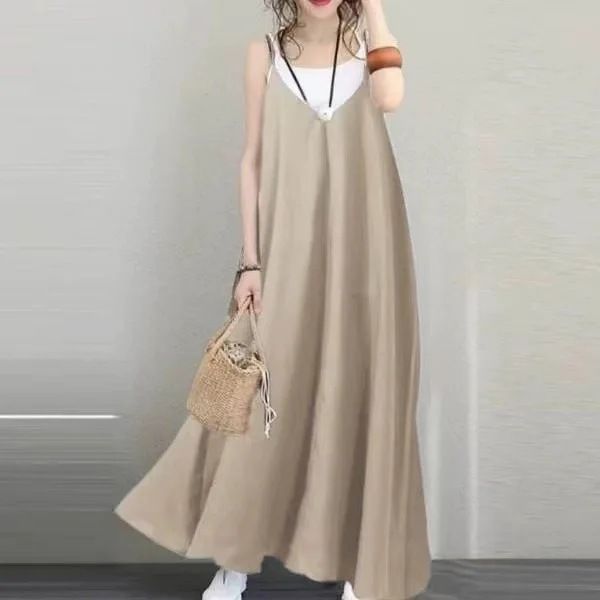 2024 Casual Loose Solid V-neck Backless Sexy Long Sleeveless Women's Party Dress_ecoleips.com