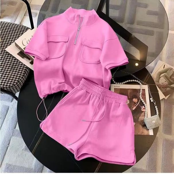 Women's Summer 2026 New Sweet Stand Collar Half-Zip Fashionable Casual Shorts Two-Piece Sports Set_ecoleips.com