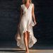 New Women's Clothing Fashionable Romantic Sleeveless V Neck Ruffled Hem Long Dress Casual Cotton Linen Clothing_ecoleips.com