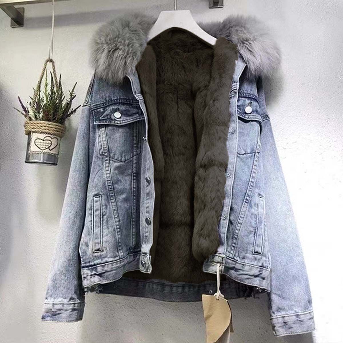 Women's Autumn/Winter Denim Fur Collar Thick Warm Coat_ecoleips.com