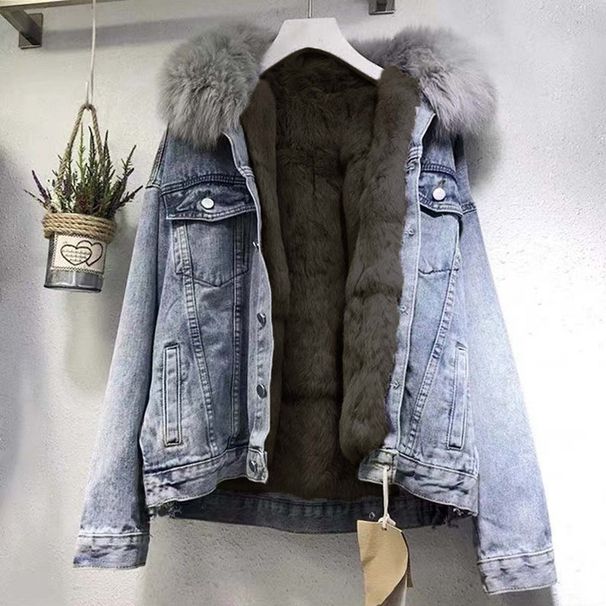 Women's Autumn/Winter Denim Fur Collar Thick Warm Coat_ecoleips.com
