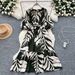 Vintage-Inspired V-Neck Floral Print Dress – Long Sleeve, Belted Waist & Flowy A-Line Silhouette (Multiple Colors, One Size)_ecoleips.com