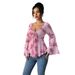 Voya Women's Spring And Summer New Style Pink Floral Bow Tie Tied Trumpet Sleeves Slim Fit Short Chiffon Top_ecoleips.com