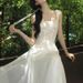 Lace Square Neck Fishtail Dress Women's Slimming A-Line Double Version Elegant Attractive_ecoleips.com