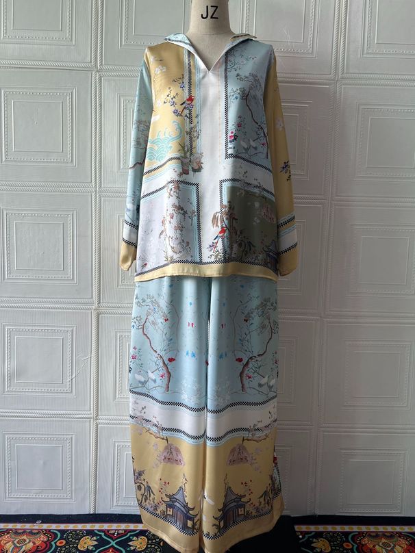 Summer 2026 Elegant Fashionable Two Piece Set American Style Printed Top Wide Leg Pants Casual Polyester Spring/Autumn_ecoleips.com