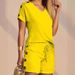 Women's Clothing Casual Fashion Solid Color Comfortable V Neck Top + Button Decoration Shorts Two Piece Set_ecoleips.com