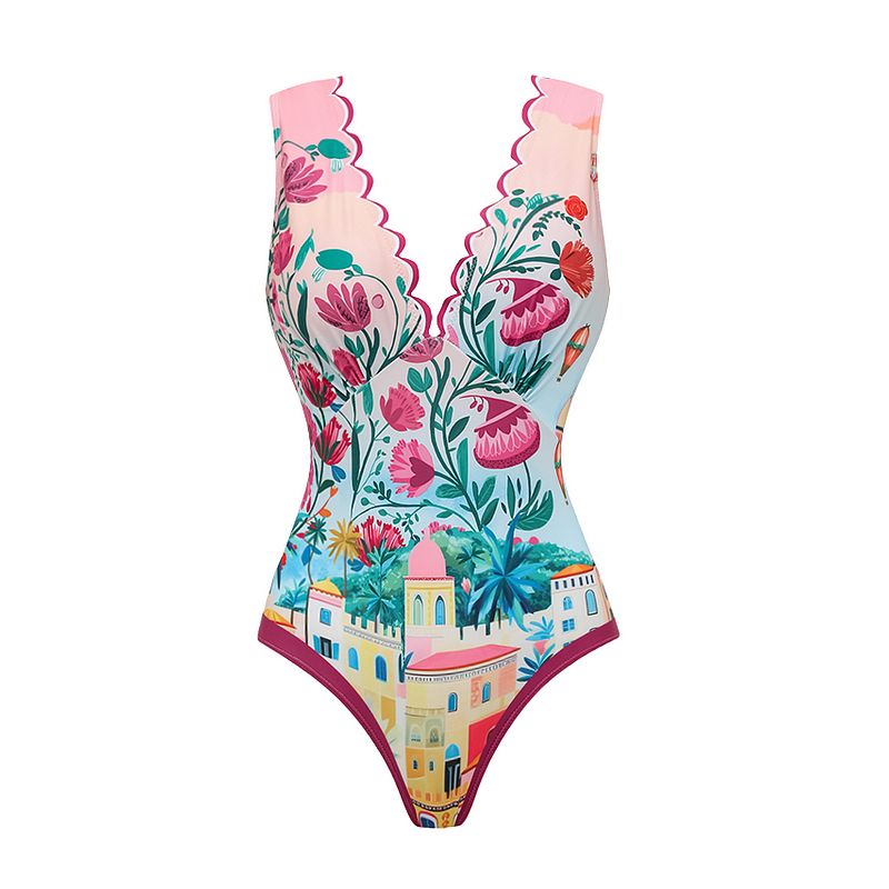 Women Sexy Printed V-Neck One Piece Swimsuit Monokini Push Up Swim Suit Backless Summer Beach Wear Slimming Bathing Suit_ecoleips.com