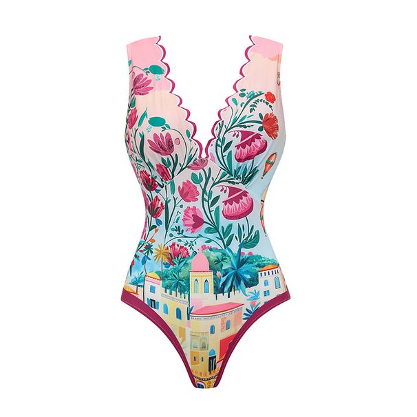 Women Sexy Printed V-Neck One Piece Swimsuit Monokini Push Up Swim Suit Backless Summer Beach Wear Slimming Bathing Suit_ecoleips.com