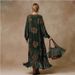 Vintage Silhouette Print Flowy Maxi Dress – Boho Green Fringe Dress With Bell Sleeves, Polyester Retro Dress For Women (S-Xxl)_ecoleips.com