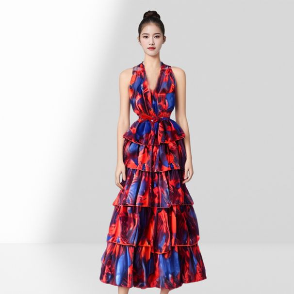 Carefully Selected European And American Style Fashion Halter Neck Backless Sleeveless Waist-cinching Tie-dye Printed_ecoleips.com
