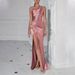 Women's Clothing One shoulder satin sexy slit dress long skirt new temperament slim dress _ecoleips.com