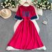 Women's Summer Casual Denim Short Sleeve Dress With Letter Print, Drawstring Waist, Flattering Fit, Mid-Length Knit Blend Dress_ecoleips.com