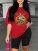 Summer Women's Casual Fashion BLACK Queen Print Loose T-shirt+shorts Two-piece Sportswear Suitable For Daily Wear-82_ecoleips.com
