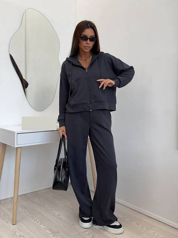 Women's Solid Color Sports Suit Long Sleeved Zipper Cardigan Hooded Sweatshirt And Trousers Two-Piece Set Cotton Blend Comfortable Fit_ecoleips.com