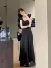 PTKPCC New Summer Waist-fitted Elegant French Style Women's Grey Short Sleeve Tank Dress Long Dress Sexy Dress_ecoleips.com